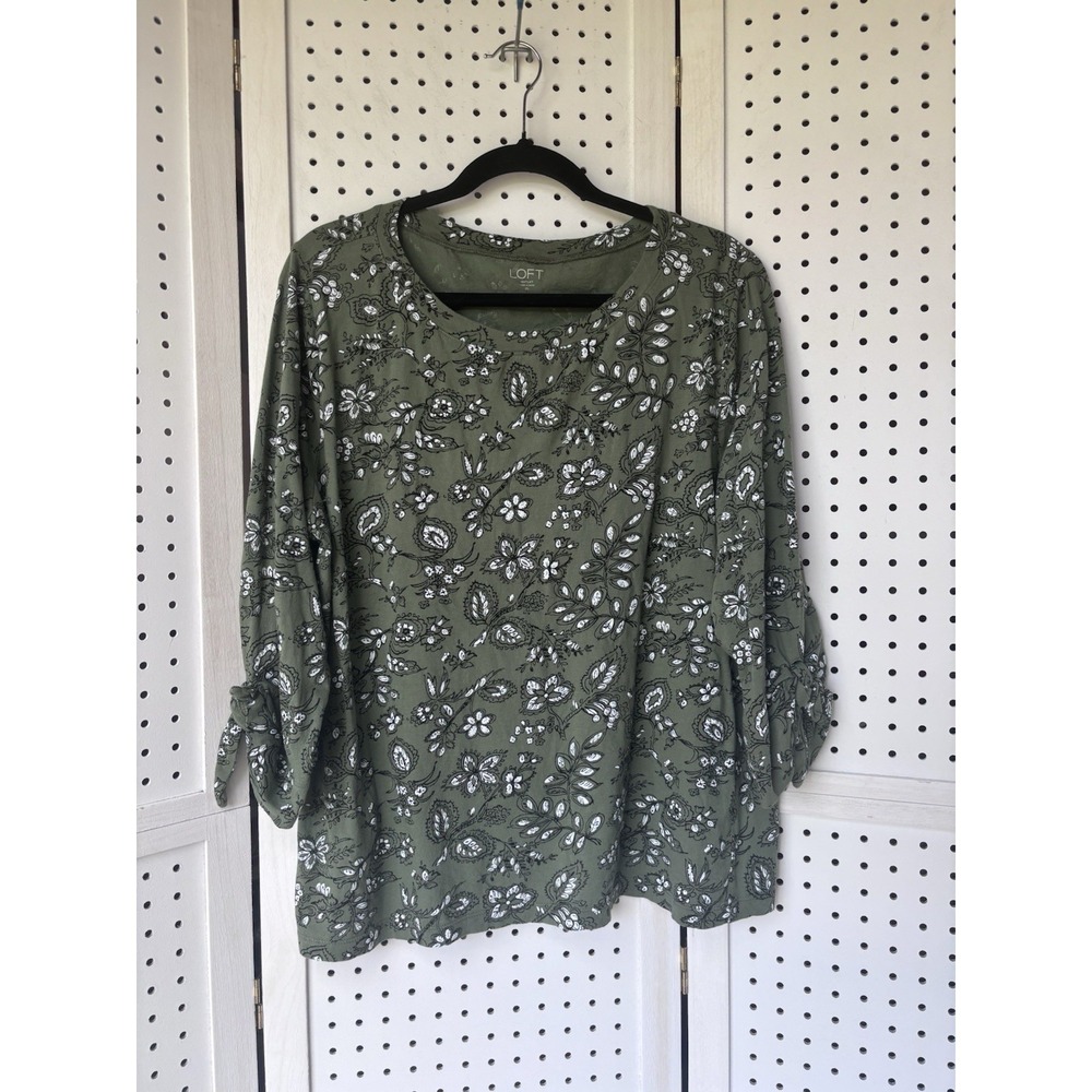 LOFT Outlet 3/4 Tie Up‎ SLV Floral Tee Shirt Women's XL Cotton Green
